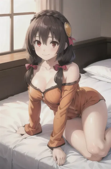 (masterpiece, highest quality), One girl,    Yunyun,Long Hair,Braiding,Twin tails,Hair between the eyes,Hair Ribbon,hair ornaments,Red Eyes,Big Breasts,(Yellow off-the-shoulder pajamas),Pink Pants,A shy smile,Lie face up on the bed,No pants,Lying in bed