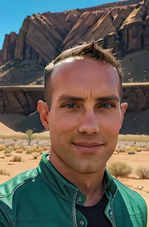 high quality handsome man with short hair, todder5, outside in desert landscape with mountains and cactus looking at the camera ...