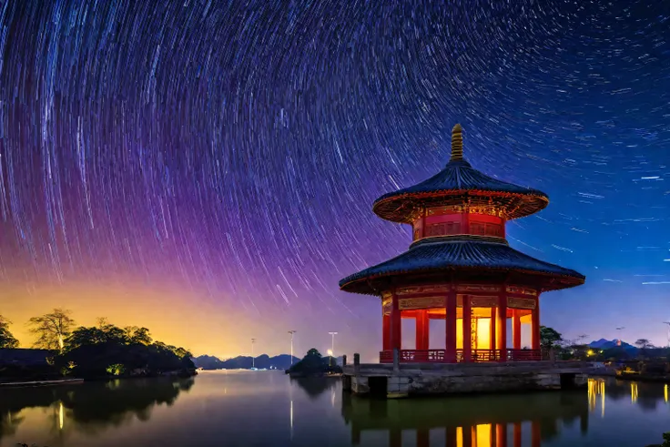 宝塔 Photography taken during the blue hour, Photos taken with Sony a7r,Chinese temple, The glittering temple in the distance, China's architectural mountains Star trails appear in the sky, tracingstar trails, star trails above, star trails, delay, Nigh...