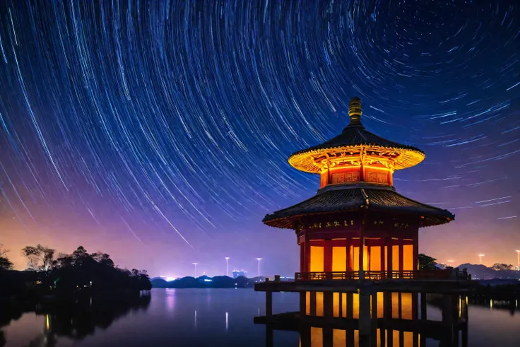 宝塔 Photography taken during the blue hour, Photos taken with Sony a7r,Chinese temple, The glittering temple in the distance, China's architectural mountains Star trails appear in the sky, tracingstar trails, star trails above, star trails, delay, Nigh...