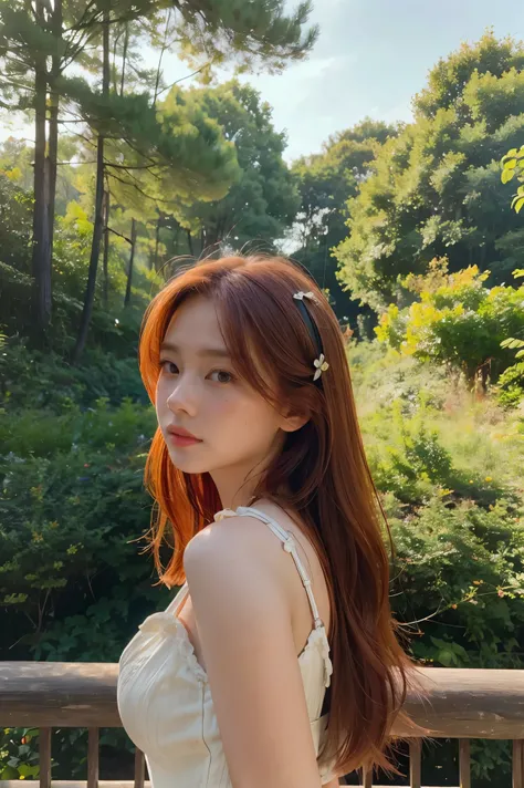 (Masterpiece:1.2, Best Quality), Forest, a girl, girl in Redhead, , Thinking