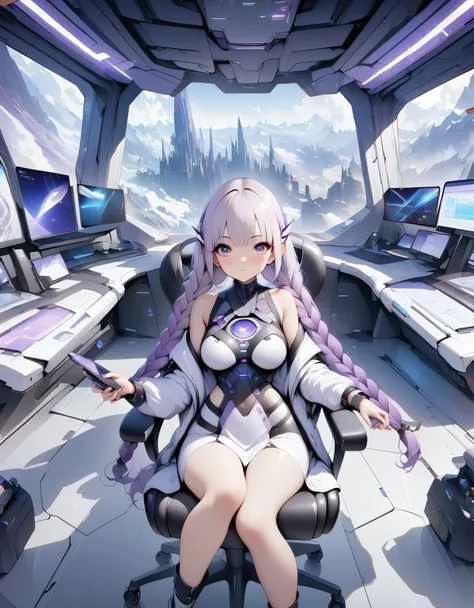 (Maximum resolution, clearly_image), best quality, masterpiece, Very detailed, interior of spaceship. You can see the scenery of an alien planet through the window, A girl, yinji,  purple hair, purple eyes, long hair, white hair, double braids, gradient ha...