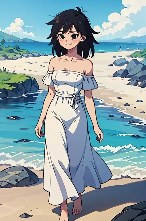 anime screencap, masterpiece, best quality, highres, outdoors, small breasts, gine, spiky black hair, 1 girl, Solo, Black Eyes, Good hands are down, Smile, Blushing, Bare Neck, Bare Shoulders, strapless, white dress, White Ruffle off-the-shoulder maxi dres...