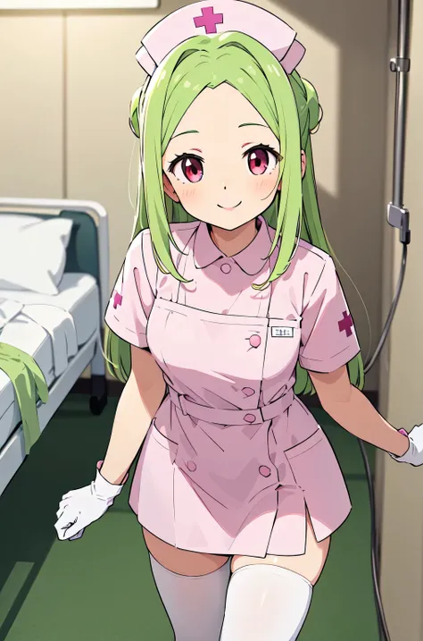 1woman, solo, nurse, white nurse cap, white nurse uniform, ((white legwear, zettai ryouiki)), white gloves, forehead, long hair, green hair, pink eyes, pink lips, smile, standing, ((hospital room)), sharp outline, short sleeves, mature female, 35 years old...