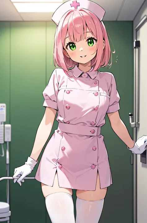 1woman, solo, nurse, white nurse cap, white nurse uniform, ((white legwear, zettai ryouiki)), white gloves, pink hair, green eyes, drooping eyes, pink lips, smile, standing, ((hospital room)), sharp outline, short sleeves, mature female, 32 years old, best...