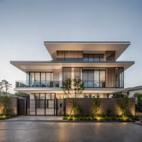 RAW photo, Exterior of two story white modern house, (road:1.3), (sidewalk:1.3), (sidewalk trees:1.3), (residences area:1.4), dawn time, overcast, fog, tropical trees and plants, (high detailed:1.2), 8k uhd, dslr, soft lighting, high quality, film grain, F...