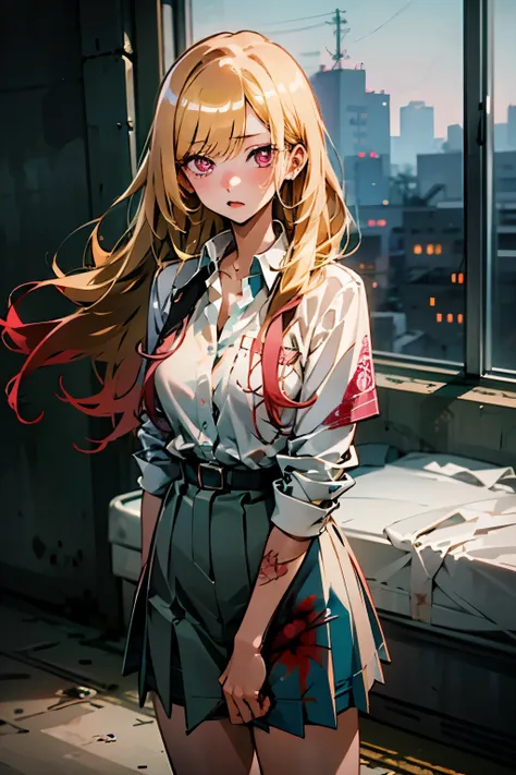 kitagawa marin, 1girl in, blonde hair, length hair, pink eyes, a girl, cool, wearing school uniform, ((big breasts)), tattoos, in an abandoned factory, covered in blood, look at me, (night), dark, mafia.
