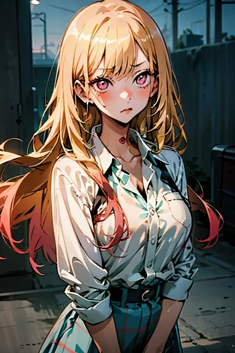 kitagawa marin, 1girl in, blonde hair, length hair, pink eyes, a girl, cool, wearing school uniform, ((big breasts)), tattoos, in an abandoned factory, covered in blood, look at me, (night), dark, mafia.