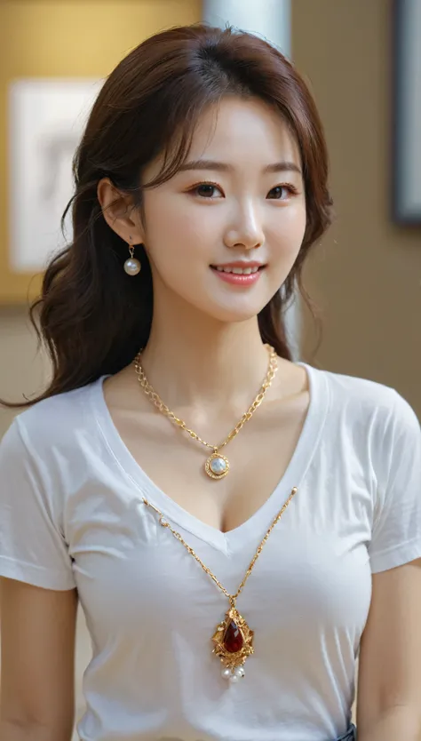 close-up of beautiful korean female, 34 inches breasts size, wearing v-neck t-shirt , necklace, slightly smile, at the museum, UHD