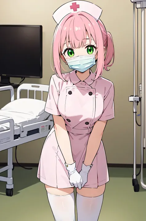 1woman, solo, nurse, white nurse cap, white nurse uniform, ((white legwear, zettai ryouiki)), white gloves, pink hair, green eyes, drooping eyes, ((white surgical mask, covered nose)), standing, ((hospital room)), sharp outline, short sleeves, mature femal...