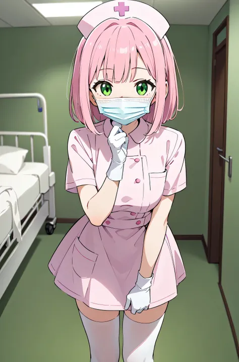 1woman, solo, nurse, white nurse cap, white nurse uniform, ((white legwear, zettai ryouiki)), white gloves, pink hair, green eyes, drooping eyes, ((white surgical mask, covered nose)), standing, ((hospital room)), sharp outline, short sleeves, mature femal...