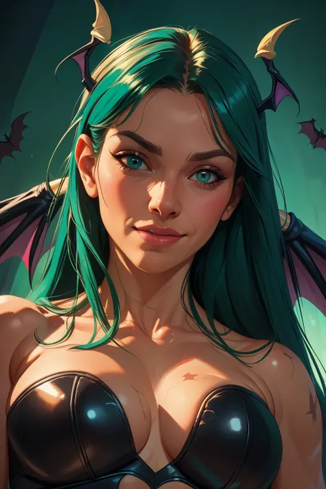 realistic oil paint portrait of morrigan aensland, hot body, dynamic sensual pose, soft smile, long green hair, (((bat wings))) ...