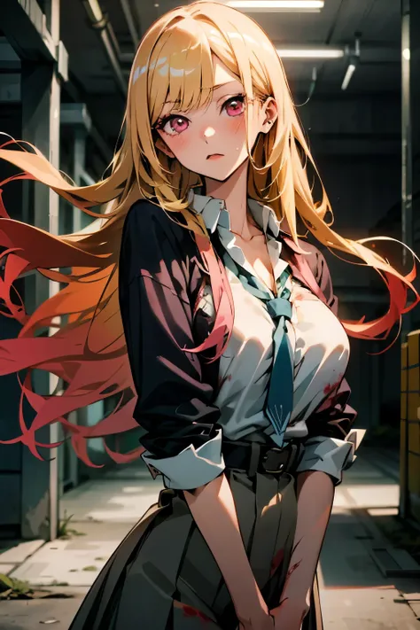 kitagawa marin, 1girl in, blonde hair, length hair, pink eyes, a girl, cool, wearing school uniform, ((big breasts)), tattoos, in an abandoned factory, covered in blood, look at me, (night), dark, mafia.
