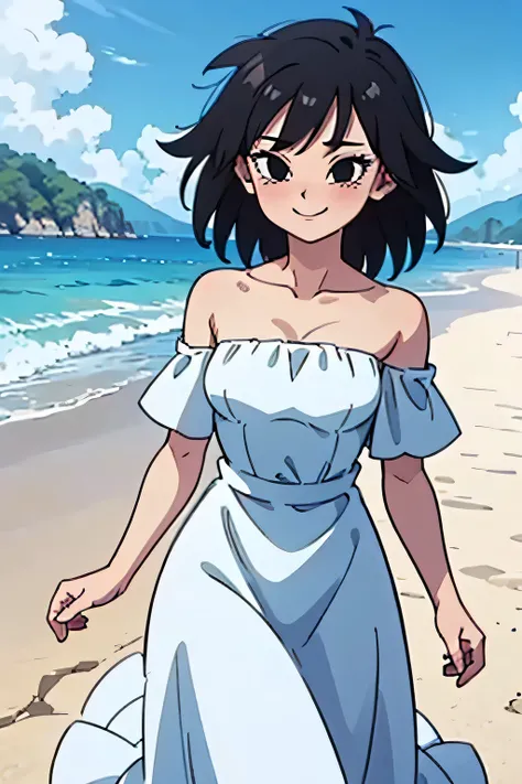 anime screencap, masterpiece, best quality, highres, outdoors, small breasts, gine, spiky black hair, 1 girl, Solo, Black Eyes, Good hands are down, Smile, Blushing, Bare Neck, Bare Shoulders, strapless, white dress, White Ruffle off-the-shoulder maxi dres...