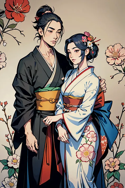 there is couple em um quimono dress standing in front of a floral background, no ukiyo art style - e, estilo de arte japonesa, i...