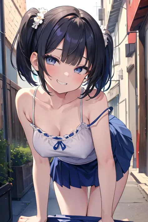 (8K、Highest quality、highest quality、masterpiece)、Detailed face、One girl、 Black Hair、short hair、twintails、blunt bangs、Grey Eyes、evil smile、((Grin))、Small breasts、((White camisole))、((Blue skirt))、Cowboy Shot、((bent over))、Back Alley Background、Very large br...