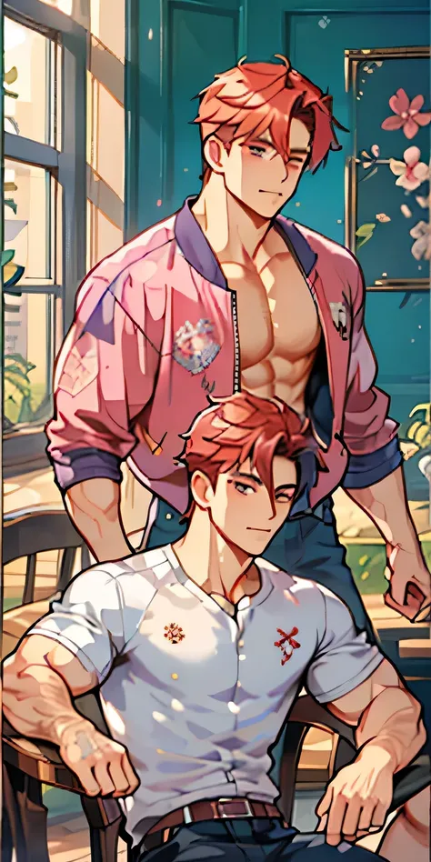 (masterpiece, best quality), 2 boy, young man,Shyness blush,musculous, short blue purple and pink-orange hair, Dark gray eyes, complex, (dress room), full bodyesbian, White baseball uniform, Open light purple jacket, Pectoralis abdominal muscles,vivd colo...