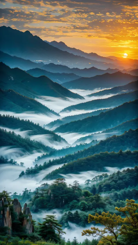 landscape photography，huangshan，mountain，sunset，golden hour，pine，national geographic works，award-winning photos，reality，hd，high ...