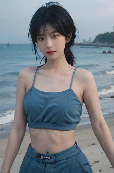 Best quality，Ultra-high resolution，（lifelike：1.4），Cute hairpin，2girll，Short blue hair，jk，Blush，Slim beauty：1.4，Visible abdominal muscles，on the beach，Ultra-fine face，Exquisite eyes，Double eyelids，