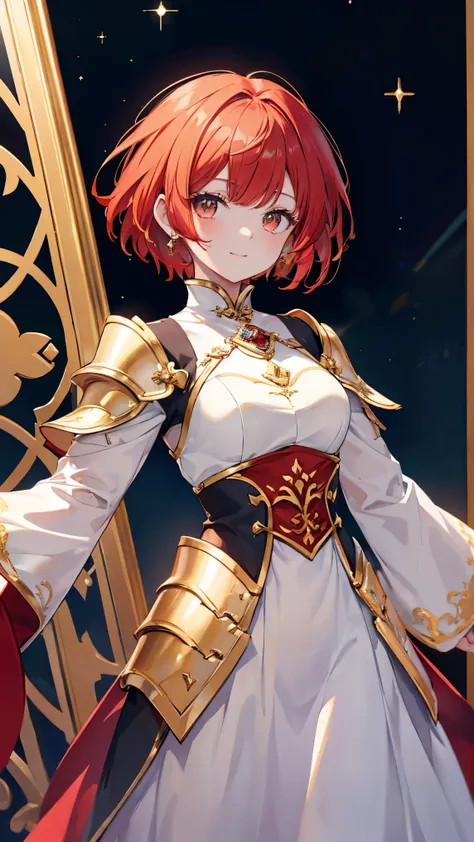 Short Hair、Red Hair、Long Bangs,Detailed sparkly eyes、Golden Eyes、Dragon Horn,smile,、shine、reflected light、Film Grain、masterpiece、Textured Skin、Super Detail、High Detail、high quality、最high quality、High Resolution、16k、shine、armor、Ao Dai,Fighter,battlefield,bl...