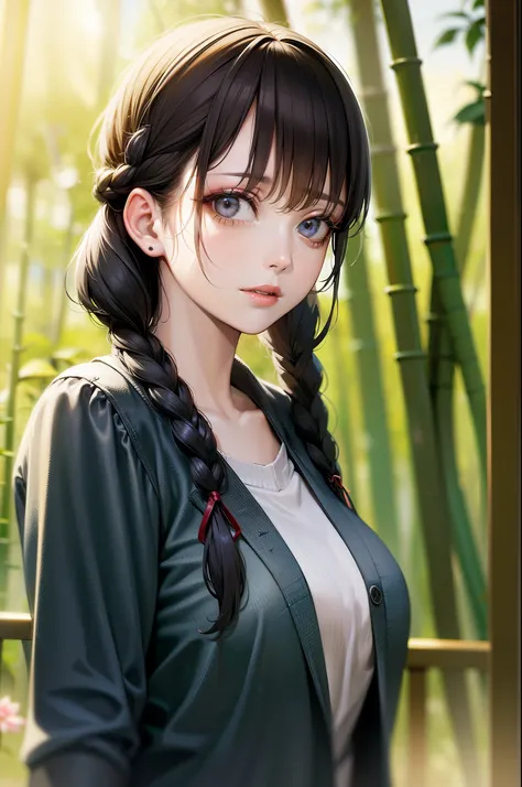 rating:safe, 1girl, solo, realistic, plant, double_bun, looking_at_viewer, lips, upper_body, blurry, leaf, hair_ornament, hair_flower, outdoors, flower, long_hair, bamboo, nose, red_lips, tree, jacket, bun_cover, bangs, day, nature, braid, twin_braids, sun...