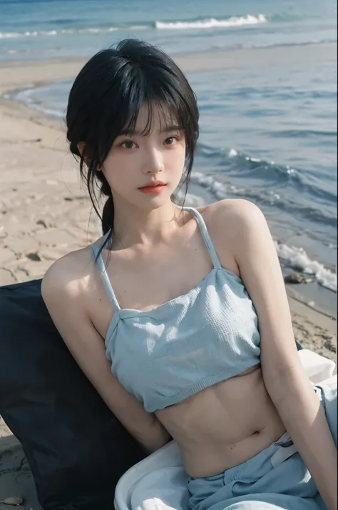 Best quality，Ultra-high resolution，（lifelike：1.4），Cute hairpin，2girll，Short blue hair，jk，Blush，Slim beauty：1.4，Visible abdominal muscles，on the beach，Ultra-fine face，Exquisite eyes，Double eyelids，