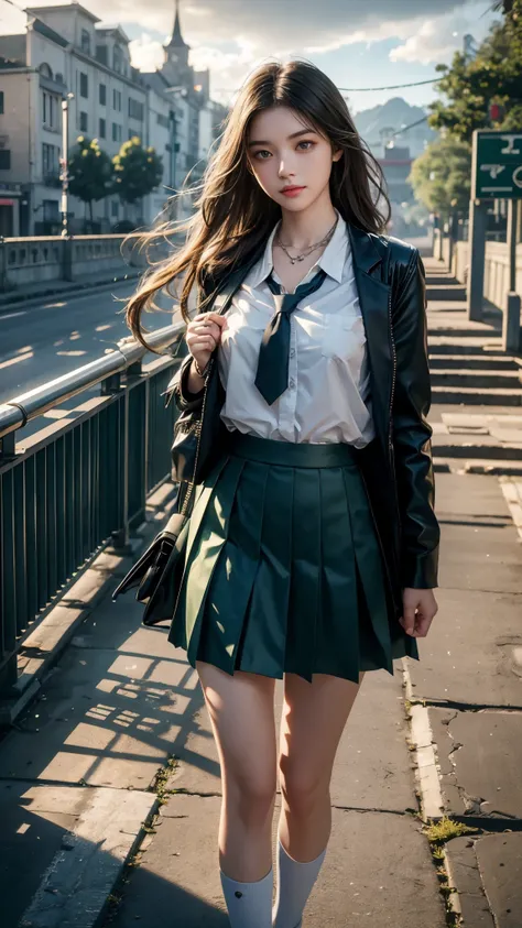 8K, UHD, masterpiece, 1 girl, good face, happy face, detailed eyes, very long hair, necklace, (school uniform), (green skirt), tie, school bag, in the bridge, cloudy weather, realism, depth of field, 3d, unreal engine 5, ray tracing, flowing wind,