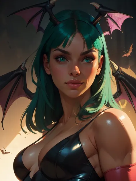 realistic oil paint portrait of morrigan aensland, hot body, dynamic sensual pose, soft smile, long green hair, (((bat wings))) ...