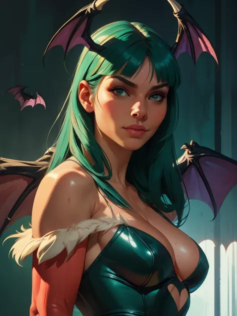 Realistic oil paint portrait of Morrigan Aensland, hot Body, Dynamic sensual pose, soft smile, long green hair, (((Bat wings))) , detailed skin Textures, intricate, detailed face, hyperrealistic, realistic light and shadows , ((cinematic lighting)) . Abstr...