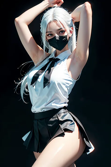 hyper realistic portrait of a faceless slim young teenage girl with white hair, wearing sleeveless sailor uniform, black skirt, black long socks, white face mask, raising her arms up, showing her oiled armpits, oil in armpits, armpit wrinkles armpit detail...