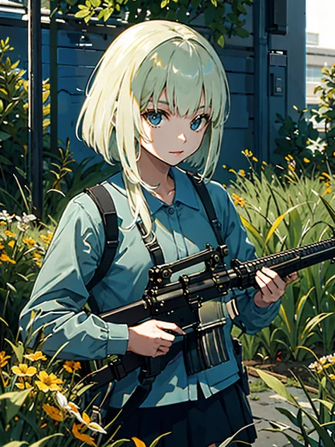 masterpiece, best quality, solo focus, 1girl, (holding an m16a2)