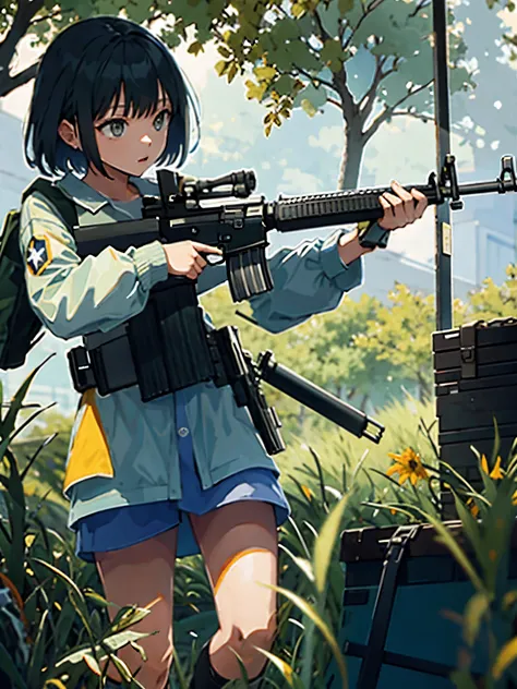 masterpiece, best quality, solo focus, 1girl, (holding an m16a2)