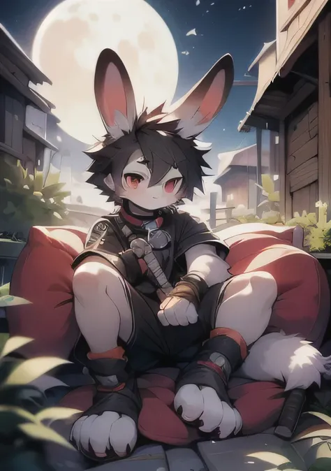 best quality，masterpiece，((The only one))，((Mine))，hairy，cannon，shorts，sock，belt，Leg rings，(short)，（little boy)，((Straight ear))，((Black Hair，no ears，rabbit Facial Features，Physical characteristics of rabbits))，Red Eyes，Shota，juvenile（Rabbit Tail），so cute，...