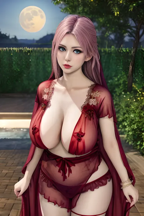 1girl,(RED theme: 1.2), (Sheer fabric pajamas: 1.2),(Velvet fabric robe: 1.2), (Ice flower Robe: 1.15),  ,garden,moon,(huge breasts),lactating,(lip gloss),(masterpiece), best quality, (real life portrait photography:1.5),unltra detailed,8K,Shot with a prof...