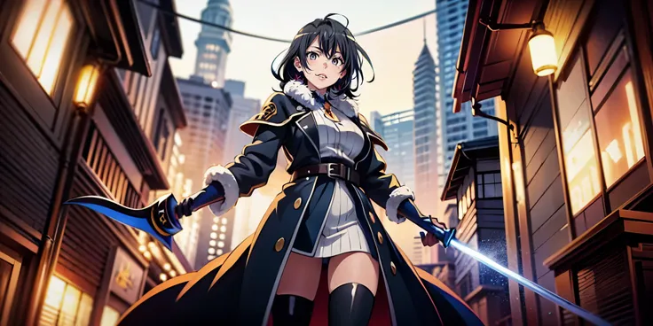 long hair, black hair, grey eyes, curvy, mature woman, lips,1girl, weapon, solo, holding_sword, sword, breasts, skirt, gloves, closed_mouth, holding_sword, black_gloves, standing, from_below, bangs, coat, medium_breasts, black_legwear, dress, belt, looking...