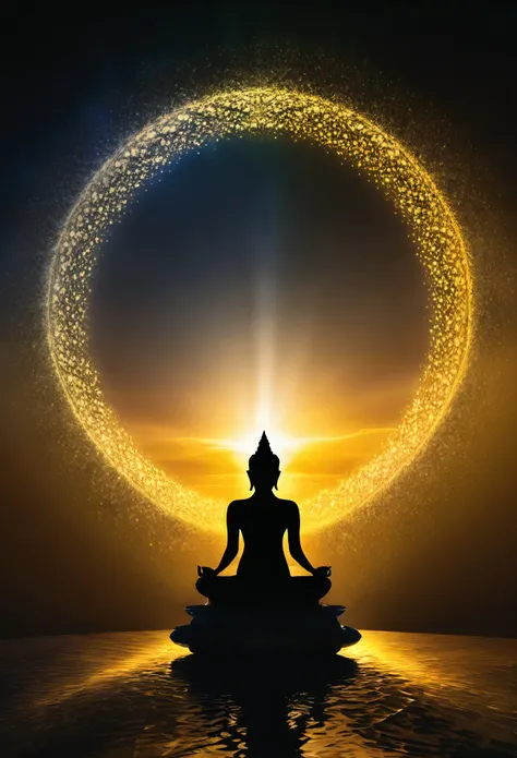 A mesmerizing silhouette of a mystical figure, masterfully depicted in the serene lotus position, radiates a captivating golden aura from the heart, illuminating an ethereal aura within. The intricate play of lighting creates a hypnotic optical illusion, c...