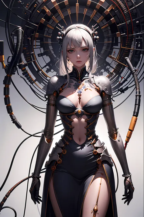 (((masterpiece))), (((highest quality))), ((Super detailed)), (Highly detailed CG illustrations), ((Very delicate and beautiful)),Cinematic Light,((1. Machine Girl)),alone,(Cowboy Shot:1.2),(Machine made joints:1.2),((Mechanical limbs)),(Blood vessels conn...