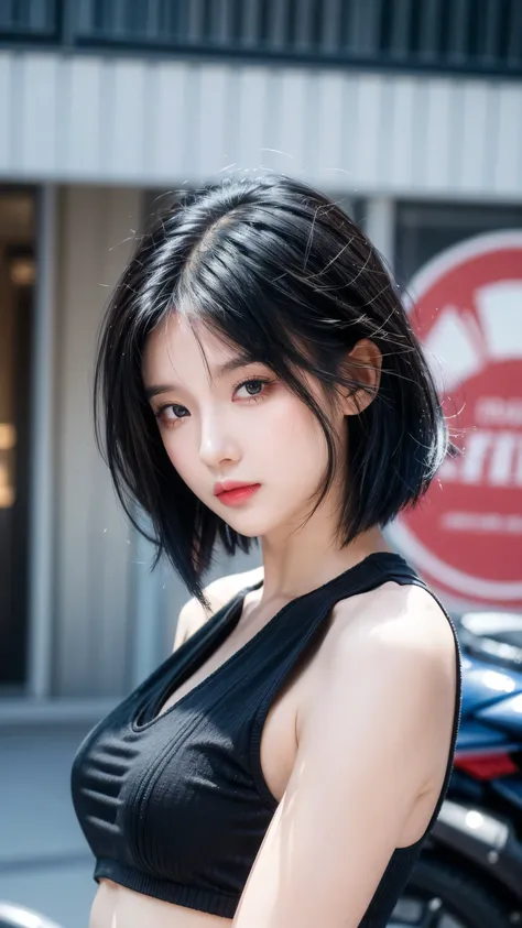 best quality, 1 Girl, dark blue hair, black eyes, Very short hair, Spiky hair, black crop top, 171 cm, Messy hair, Hair between the eyes, Medium breasts, full, Tomboy, aldult, 20 years old, 1 Girl near red motorcycle