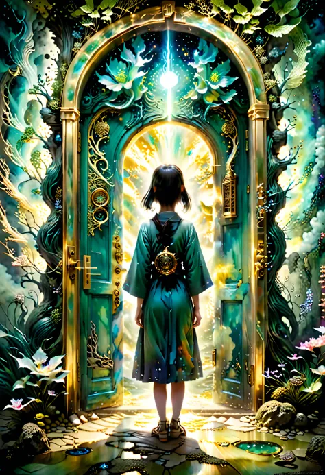 A mystical forest shrouded in ethereal mist with pastel blue and green hues, creating an otherworldly atmosphere. In the center, a young girl stands before an ornate, half-opened ancient Japanese door. The door is decorated with traditional motifs and emit...