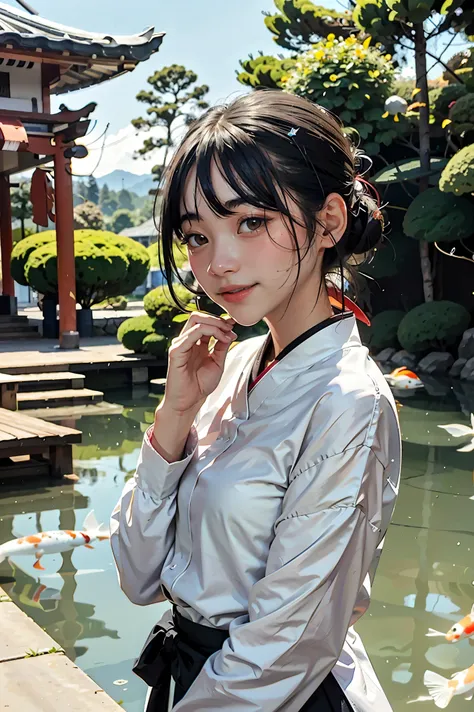 1girl, looking at the viewer, water, pond, lake, shrine, koi