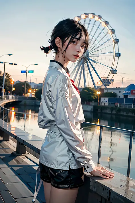 arafed woman standing on a ledge with a ferris wheel in the background, hyung tae, jinyoung shin, album art, cai xukun, profile picture 1024px, kim doyoung, hong june hyung, yanjun chengt, bladee from drain gang, male ulzzang, xintong chen, taken with cano...