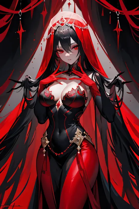 An exquisite figure, draped in a bold red veil that conceals her eyes from the world, positions her slender fingers to her lips in a gesture of restrained speech. Her nails, elongated and meticulously painted a striking shade of crimson, mirror the veils v...