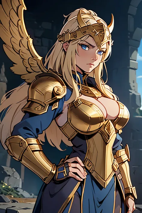 a blonde Asgardian heroine. She wears dark blue armor, gold trim, (((Norse helm with gold wings))), armored glove, deep v neck. stern expression. blond hair, long hair, blue eyes, (detailed eyes, detailed face), detailed hands, pretty face, round cheeks, s...