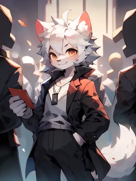 （16-year-old boy）Beautiful and detailed portrait，white hair, 16K，Standing，Standing sideways，There is a hand in the coat pocket，Turn your head slightly towards the audience，Notepad in hand，There is a rectangular work ID card on the chest，Red pupil，White wol...