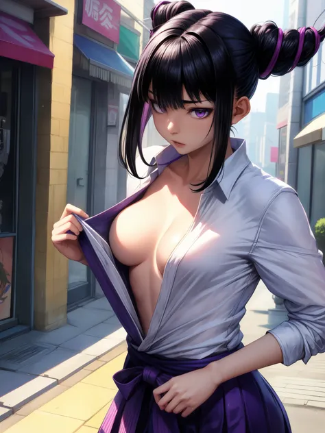 score_9、score_8_up、score_7_up、one girl、han juri、street fighter、black hair、purple eyes、hair over one eye。white shirt tied in fron...