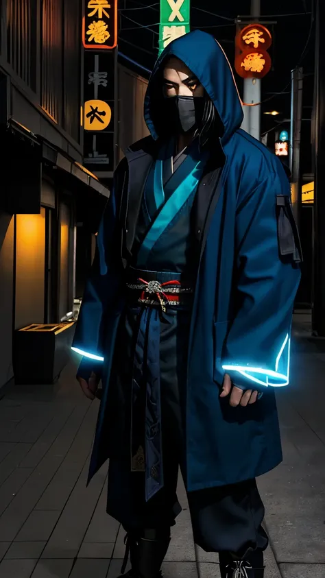 "Create a highly detailed and dynamic image of Yoru, the Japanese duelist from Valorant. Yoru is a stealthy and cunning character with a mysterious background. He should be depicted wearing his signature blue jacket, with a hood partially covering his face...