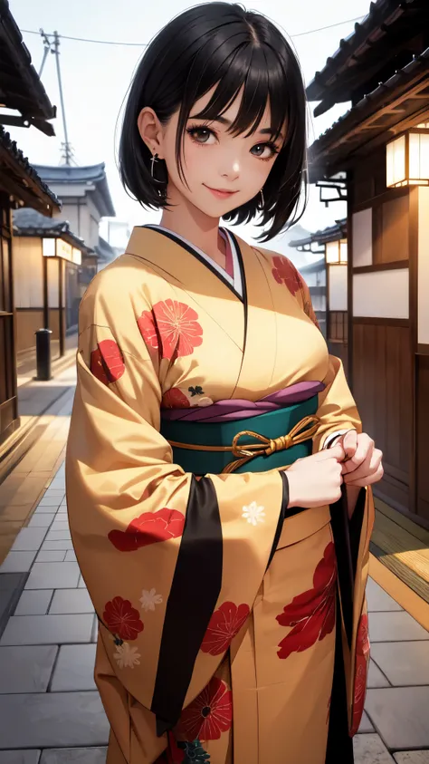 (RAW photo, best quality), (Beauty photography:1.3),(masterpiece), upper body,japanese,1girl, ((short Black hair)), looking at the viewer, standing, smiling, earrings, outdoors, Detailed traditional Japanese kimono,asymmetric_bangs,JAPAN  night view