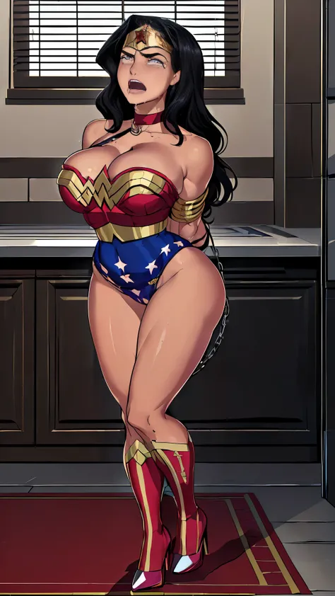 Alta qualidade,obra de arte,detalhado(((full body view))), (((wonder woman is in the kitchen, dressed as a maid)) ,((SUPERHEROINE mulher maravilha,  stilettos high heels, calcinha rendada, lace bra, uniforme de empregada)), ((emotional expression,expressio...