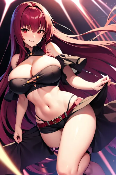 (high quality), JK, no bra, thight stockings, mischievous smile, light blush, looking at viewer, huge breasts, precise hands, sexy pose, scathach, long hair, purple hair, (red eyes:1.5), thigh top, navel, short shorts, thight stockings