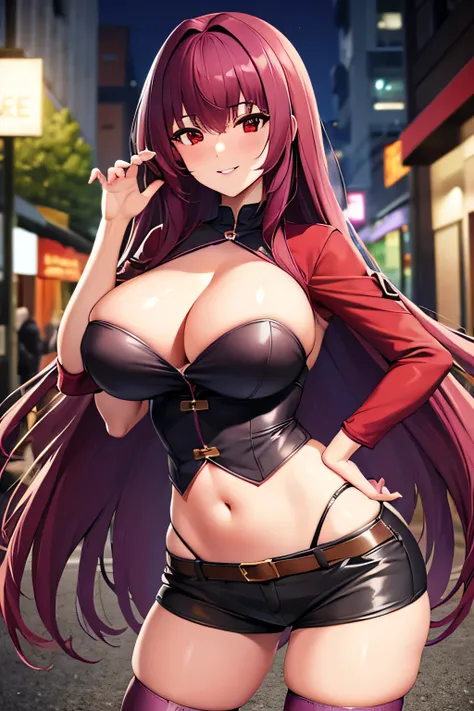 (high quality), JK, no bra, thight stockings, mischievous smile, light blush, looking at viewer, huge breasts, precise hands, sexy pose, scathach, long hair, purple hair, (red eyes:1.5), thigh top, navel, short shorts, thight stockings, hand in the hip, de...